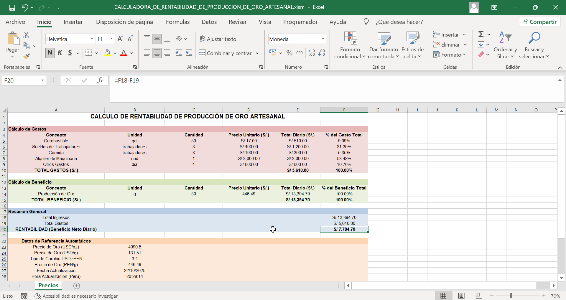 excel calculadora oro compra venta